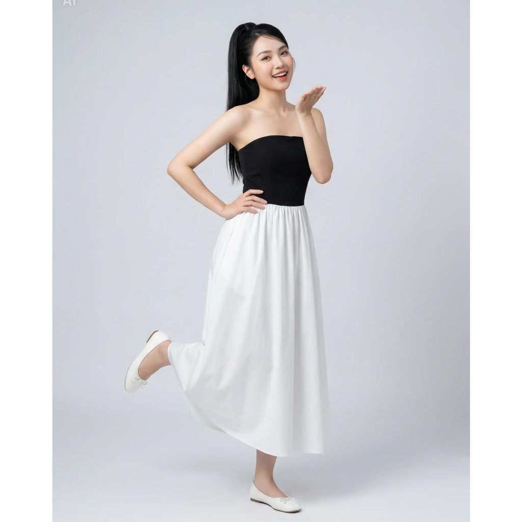 Váy Form Dài SHI Nữ Cúp Ngực Tùng Xòe Màu Tương Phản Trắng Đen