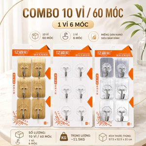 COMBO 10 VỈ / 60 MÓC DÁN TƯỜNG INOX CAO CẤP.