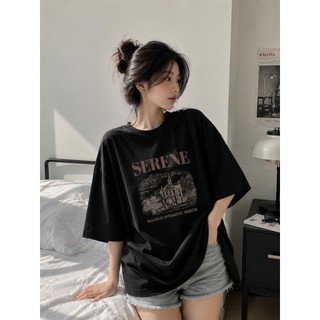 Áo thun phông nữ nam chất liệu cotton khô form rộng dấu quần in hình SERENE