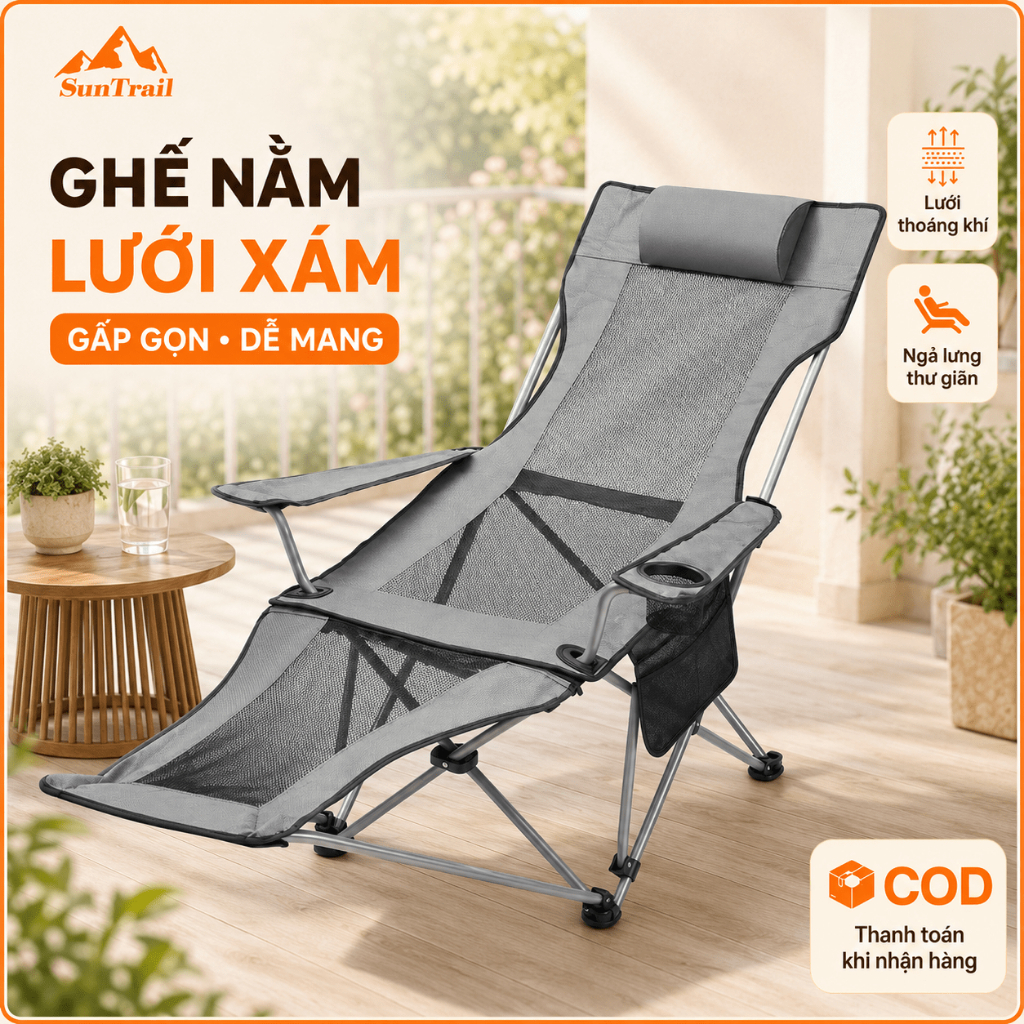 Ghế Xếp Thư Giãn Gấp Gọn Lưới Thoáng Khí, Ghế Bố Nằm Ngủ Trưa Ngoài Trời Cắm Trại Chịu Lực 200kg