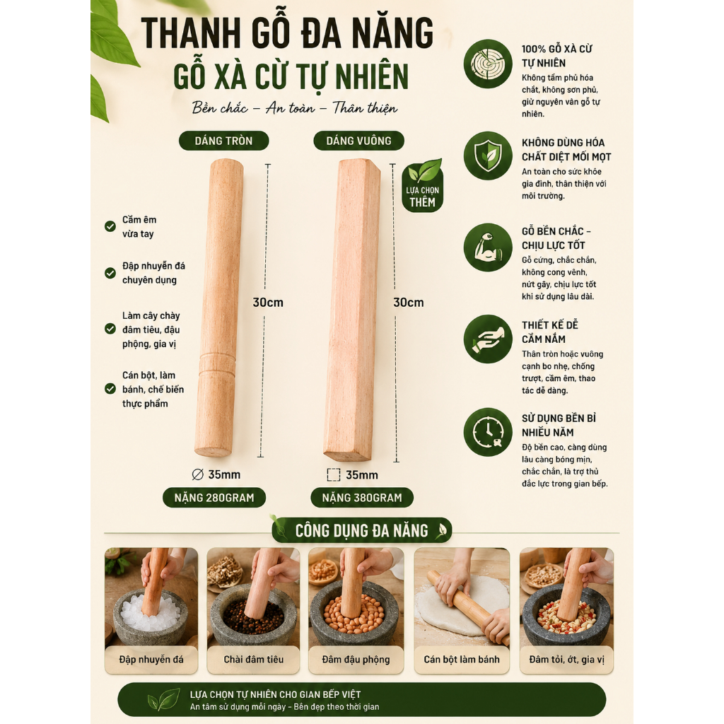 Chày Gỗ Đập Nước Đá Xà Cừ Cao Cấp 30cm, Nặng 250g Cầm Đầm Tay Cho Quán Cà Phê, Gia Đình, cán bột, đâm tiêu