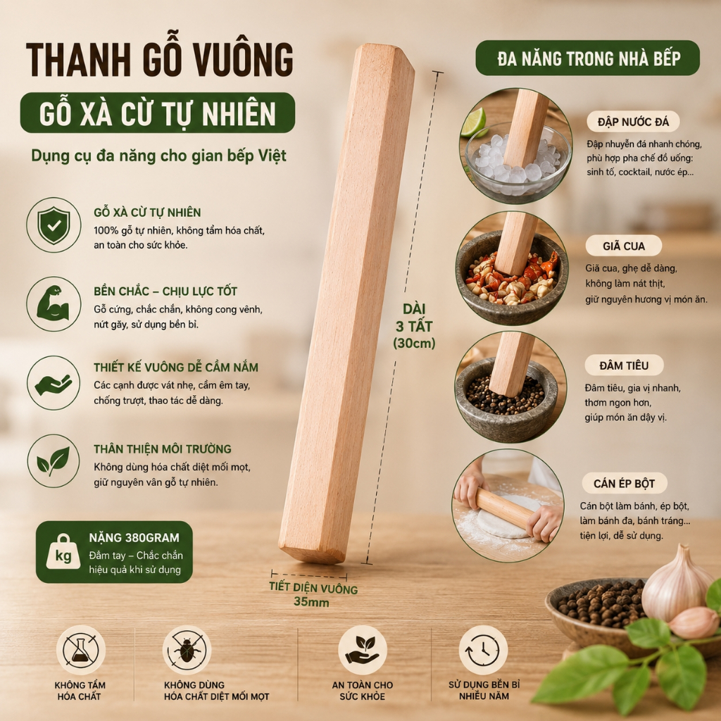 Chày Gỗ Đập Nước Đá Xà Cừ Cao Cấp 30cm, Nặng 250g Cầm Đầm Tay Cho Quán Cà Phê, Gia Đình, cán bột, đâm tiêu