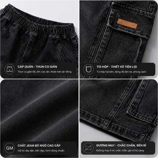 Quần Jean Ngố Nam Ống Rộng Cạp Chun Dây Rút  Jean Wash Đen Form Rộng Retro  Phong Cách Streetw