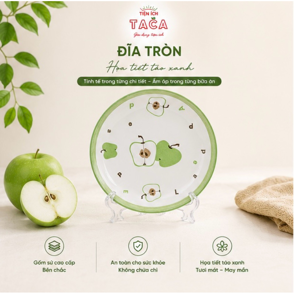 Bộ Bát Đĩa Gốm Sứ Hoạ Tiết Táo Xanh, Gia Dụng Taca,  Gốm Sứ Cao Cấp, Sang Trọng Cho Bàn Ăn Gia Đình