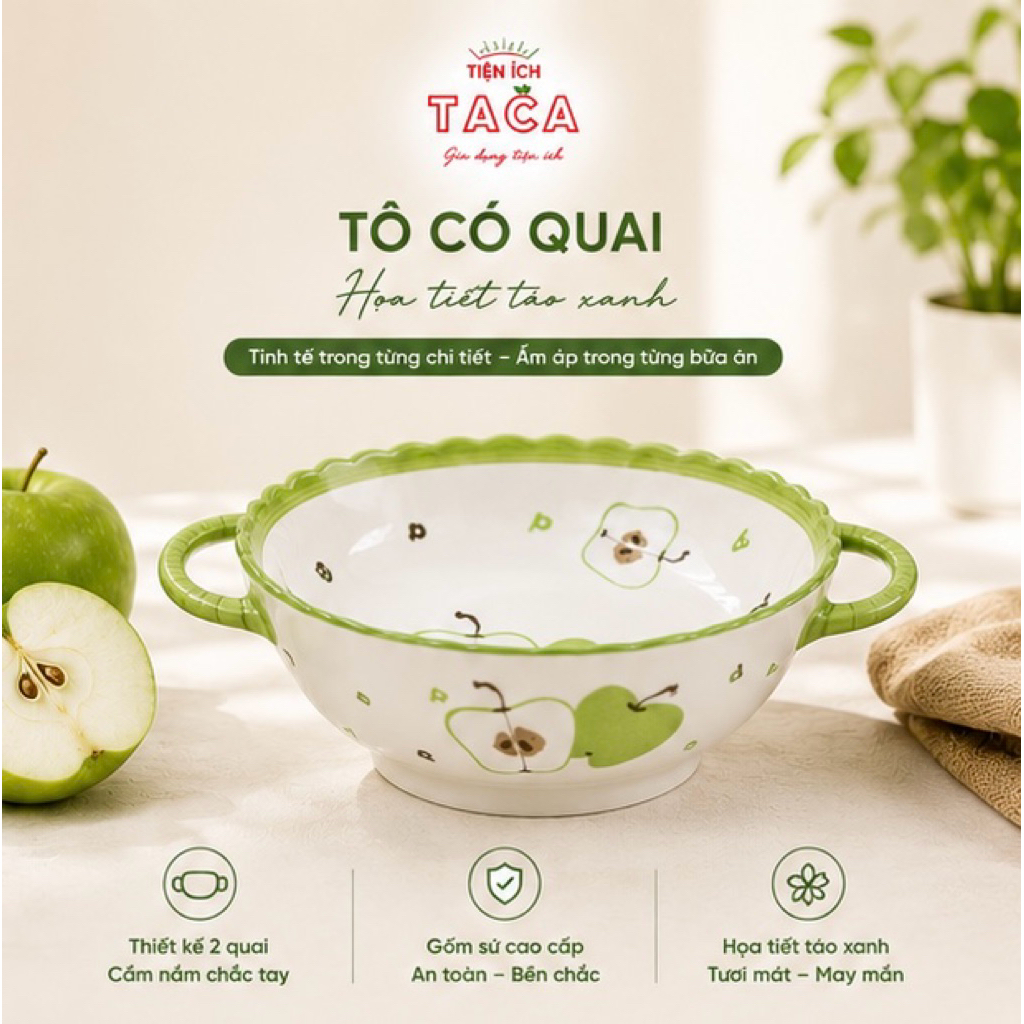 Bộ Bát Đĩa Gốm Sứ Hoạ Tiết Táo Xanh, Gia Dụng Taca,  Gốm Sứ Cao Cấp, Sang Trọng Cho Bàn Ăn Gia Đình