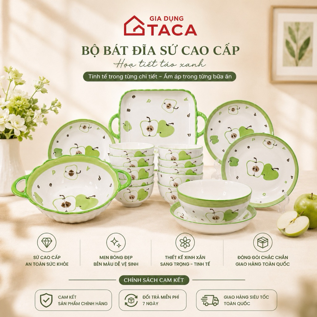 Bộ Bát Đĩa Gốm Sứ Hoạ Tiết Táo Xanh, Gia Dụng Taca,  Gốm Sứ Cao Cấp, Sang Trọng Cho Bàn Ăn Gia Đình