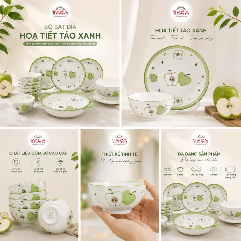 Bộ Bát Đĩa Gốm Sứ Hoạ Tiết Táo Xanh, Gia Dụng Taca,  Gốm Sứ Cao Cấp, Sang Trọng Cho Bàn Ăn Gia Đình
