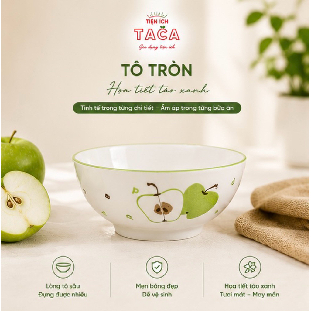 Bộ Bát Đĩa Gốm Sứ Hoạ Tiết Táo Xanh, Gia Dụng Taca,  Gốm Sứ Cao Cấp, Sang Trọng Cho Bàn Ăn Gia Đình
