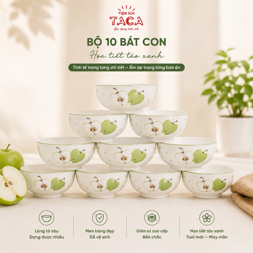 Bộ Bát Đĩa Gốm Sứ Hoạ Tiết Táo Xanh, Gia Dụng Taca,  Gốm Sứ Cao Cấp, Sang Trọng Cho Bàn Ăn Gia Đình