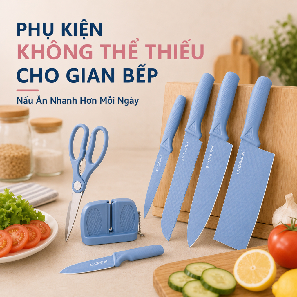 Bộ Dao Nhà Bếp 6 Món Cao Cấp Chống Dính - Dao Thái, Dao Đầu Bếp,  Kéo Nhà Bếp Kèm Dụng Cụ Mài Dao