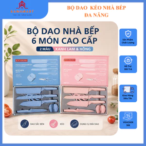 Bộ Dao Nhà Bếp 6 Món Cao Cấp Chống Dính - Dao Thái, Dao Đầu Bếp, Kéo Nhà Bếp Kèm Dụng Cụ Mài Dao