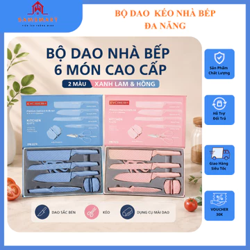 Bộ Dao Nhà Bếp 6 Món Cao Cấp Chống Dính - Dao Thái, Kéo Nhà Bếp Kèm Dụng Cụ Mài Dao