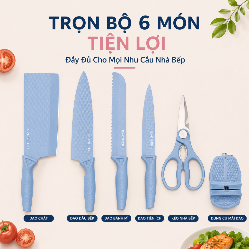 Bộ Dao Nhà Bếp 6 Món Cao Cấp Chống Dính - Dao Thái, Dao Đầu Bếp,  Kéo Nhà Bếp Kèm Dụng Cụ Mài Dao