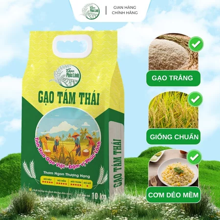 Gạo Tám Thơm Thái 10kg Phúc Lành - Gạo Dẻo Thơm, Mềm, Đậm Vị