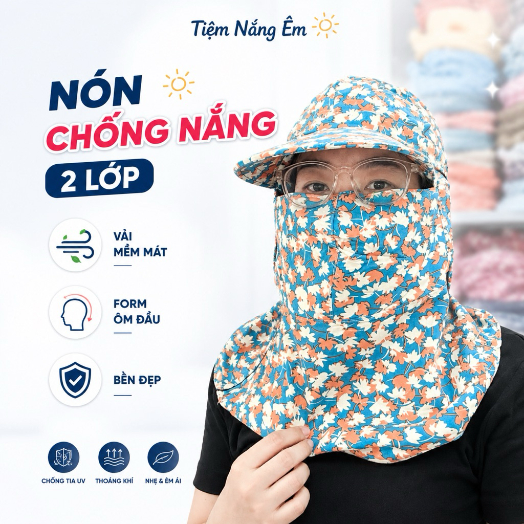 Nón Chống Nắng 2 Lớp Vải Mát Có Dây Kéo Che Kín Mặt