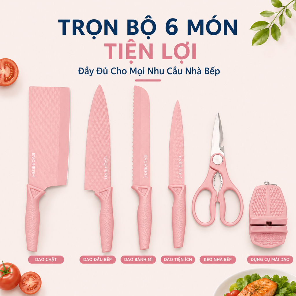 Bộ Dao Nhà Bếp 6 Món Cao Cấp Chống Dính - Dao Thái, Dao Đầu Bếp,  Kéo Nhà Bếp Kèm Dụng Cụ Mài Dao