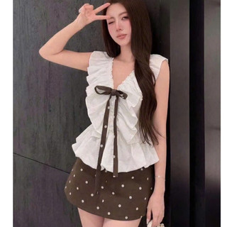 Áo Kiểu Nữ Bèo Nhún Cổ V Phối Nơ,  Áo Babydoll Sát Nách Tiểu Thư Thanh Lịch  Hàn Quốc
