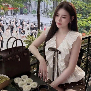 Áo Kiểu Nữ Bèo Nhún Cổ V Phối Nơ,  Áo Babydoll Sát Nách Tiểu Thư Thanh Lịch  Hàn Quốc