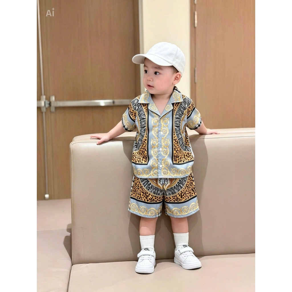 Set bộ đi biển bé trai họa tiết sang chảnh - Bộ cộc lụa đi biển cho bé trai họa tiết cực bảnh