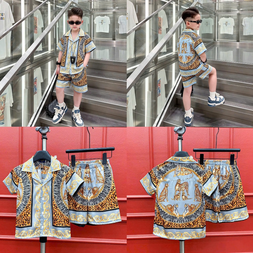 Set bộ đi biển bé trai họa tiết sang chảnh - Bộ cộc lụa đi biển cho bé trai họa tiết cực bảnh