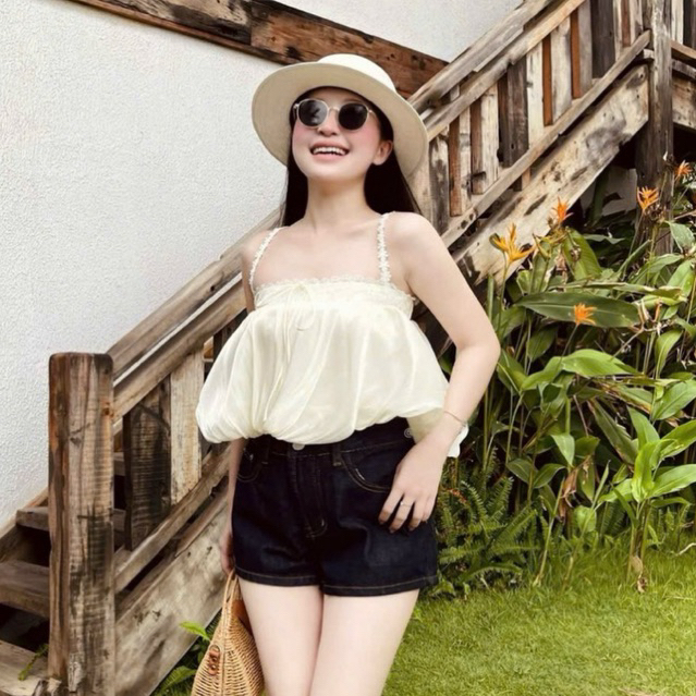 MIU.STUDIO • Áo 2S tơ lụa dáng bí bồng xoè phối ren bèo thắt nơ cao cấp, Áo babydoll dáng suông nhún bèo ngực sang chảnh