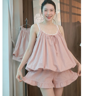 Set Áo Hai Dây Dáng Phồng Kèm Chân Váy Bèo Nữ Hàn Quốc Tiểu Thư Siêu Xinh