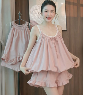 Set Áo Hai Dây Dáng Phồng Kèm Chân Váy Bèo Nữ Hàn Quốc Tiểu Thư Siêu Xinh