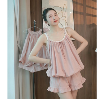 Set Áo Hai Dây Dáng Phồng Kèm Chân Váy Bèo Nữ Hàn Quốc Tiểu Thư Siêu Xinh