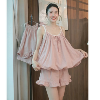 Set Áo Hai Dây Dáng Phồng Kèm Chân Váy Bèo Nữ Hàn Quốc Tiểu Thư Siêu Xinh