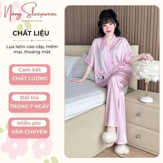 Đồ Ngủ Lụa Latin Sọc Hồng In Hình Hoạt Hình Pijama Cổ Y Cánh Dơi Form Rộng Freesize