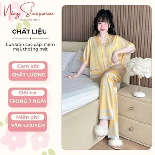 Đồ Ngủ Lụa Latin Màu Vàng Cổ Y Cánh Dơi Họa Tiết Vân Loang Pijama Form Rộng Thoải Mái Cao Cấp