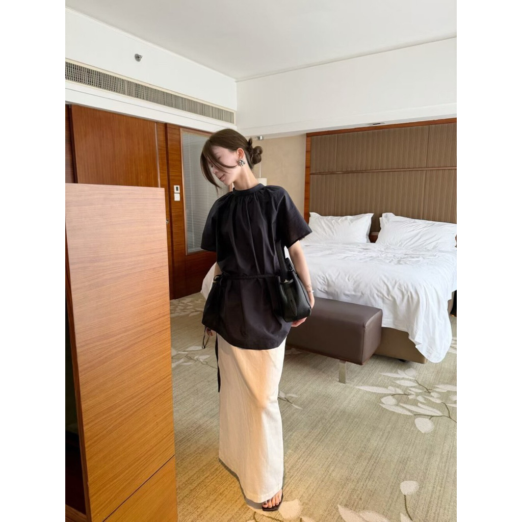 Áo xuông cổ tròn buộc eo linen tơ Onni st