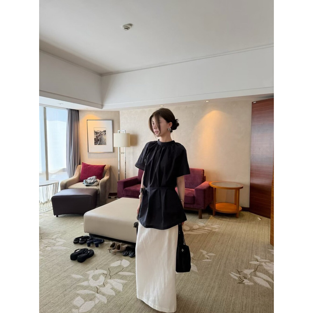 Áo xuông cổ tròn buộc eo linen tơ Onni st