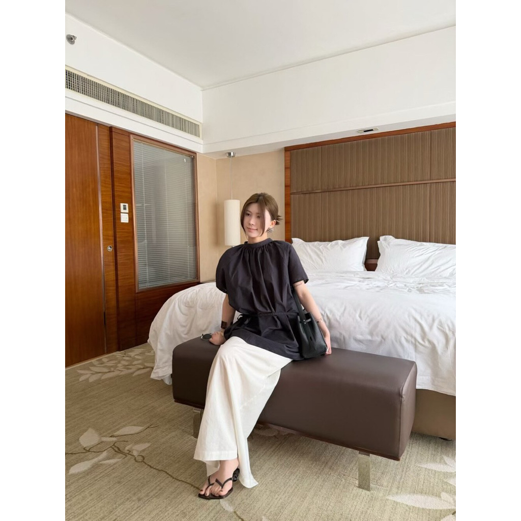 Áo xuông cổ tròn buộc eo linen tơ Onni st