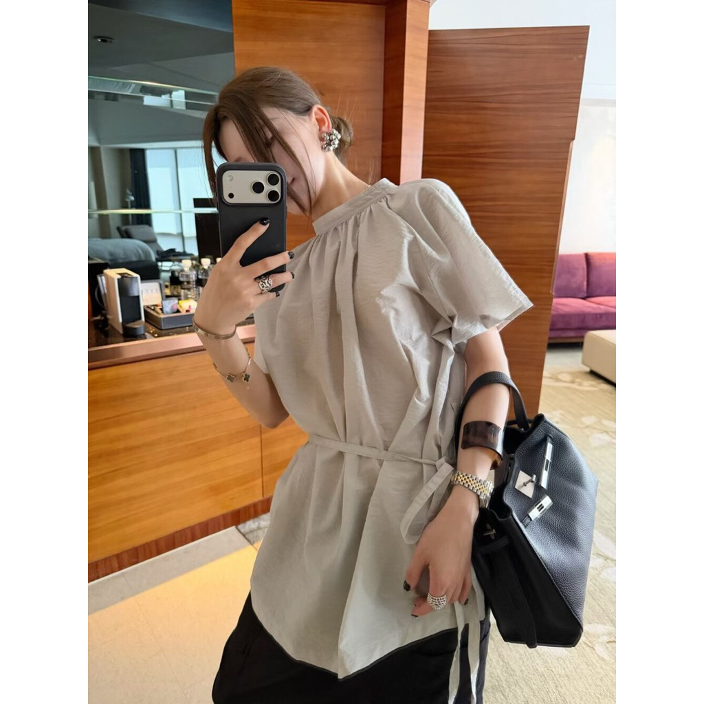 Áo xuông cổ tròn buộc eo linen tơ Onni st