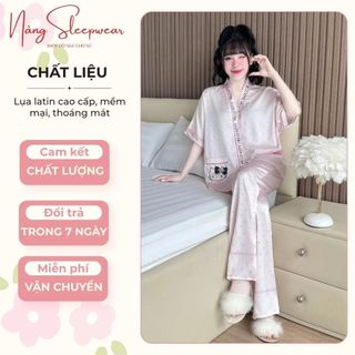 Đồ Ngủ Lụa Latin HelloKitty Màu Hồng Chấm Bi Pijama Cổ Y Cánh Dơi Form Rộng Thoải Mái