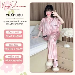 Đồ Ngủ Lụa Latin Màu Hồng Sọc In Hình Nơ Pijama Cổ Y Cánh Dơi Form Rộng Freesize Thoáng Mát