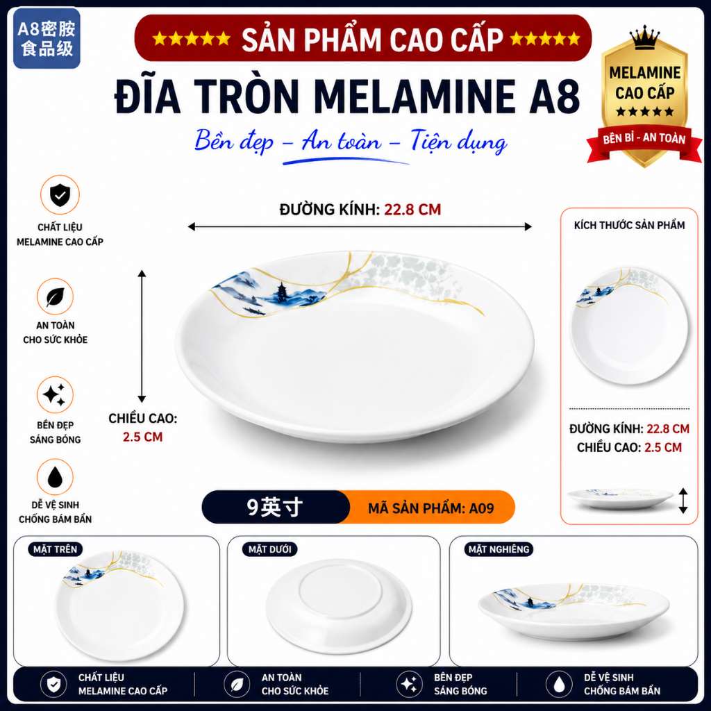 ĐĨA  A09 MELAMINE A8 CAO CẤP – PHONG CÁCH PHƯƠNG ĐÔNG SANG TRỌNG