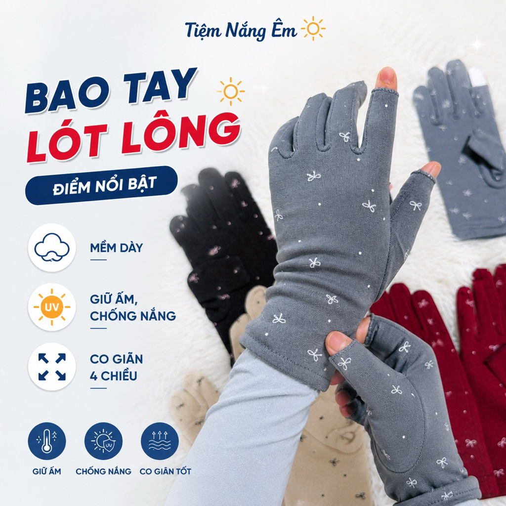 Combo 5 đôi bao tay nỉ lót lông giữ ấm, chống nắng, vải co giãn, cắt 2 ngón thời trang