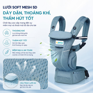 Địu Trợ lực Em Bé Coniu Omini Deluxe Mesh Siêu Dày Dặn Chuẩn Y Khoa, Có Đệm Đỡ Cổ, Che Nắng Cho Bé