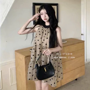 Đầm cổ yếm voan tơ thiết kế dáng babydoll xoè tầng hoạ tiết chấm bi sang chảnh , Váy ngắn tiểu thư phối viền đen cao cấp