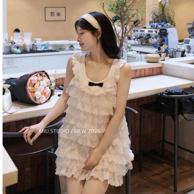 Váy 2 dây bản to phối viền ren thêu dáng babydoll tiểu thư , Đầm kiểu nữ nhiều tầng dáng xoè đính nơ đen sang chảnh