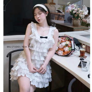 Váy 2 dây bản to phối viền ren thêu dáng babydoll tiểu thư , Đầm kiểu nữ nhiều tầng dáng xoè đính nơ đen sang chảnh