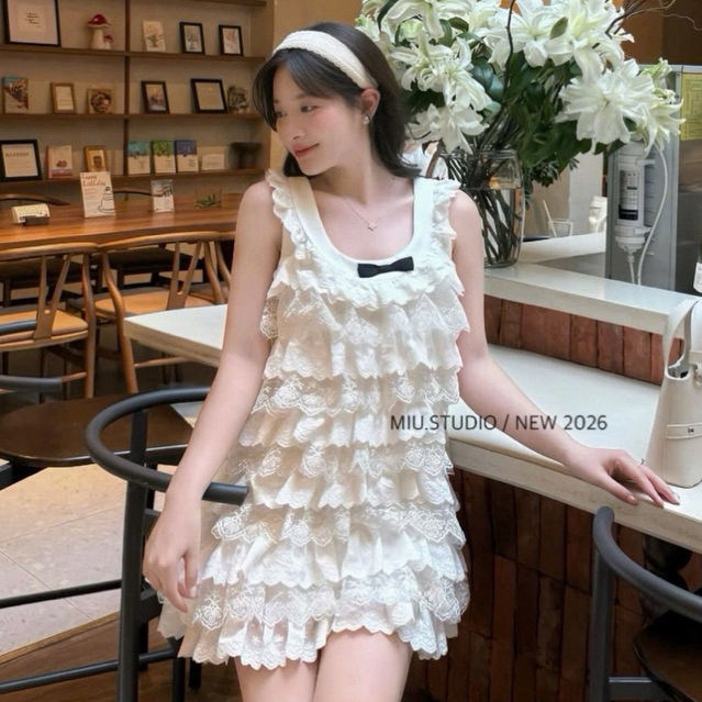 Váy 2 dây bản to phối viền ren thêu dáng babydoll tiểu thư , Đầm kiểu nữ nhiều tầng dáng xoè đính nơ đen sang chảnh