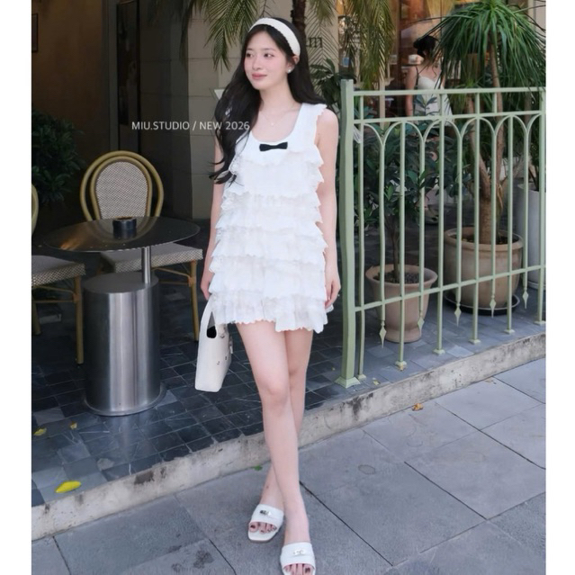 Váy 2 dây bản to phối viền ren thêu dáng babydoll tiểu thư , Đầm kiểu nữ nhiều tầng dáng xoè đính nơ đen sang chảnh