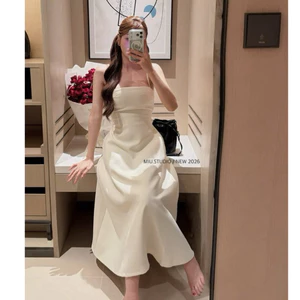 Đầm thiết kế 2 dây dáng dài xoè thắt nơ thanh lịch,Váy midi tiểu thư màu trắng kem chiết eo tôn dáng mặc đi tiệc đi cưới