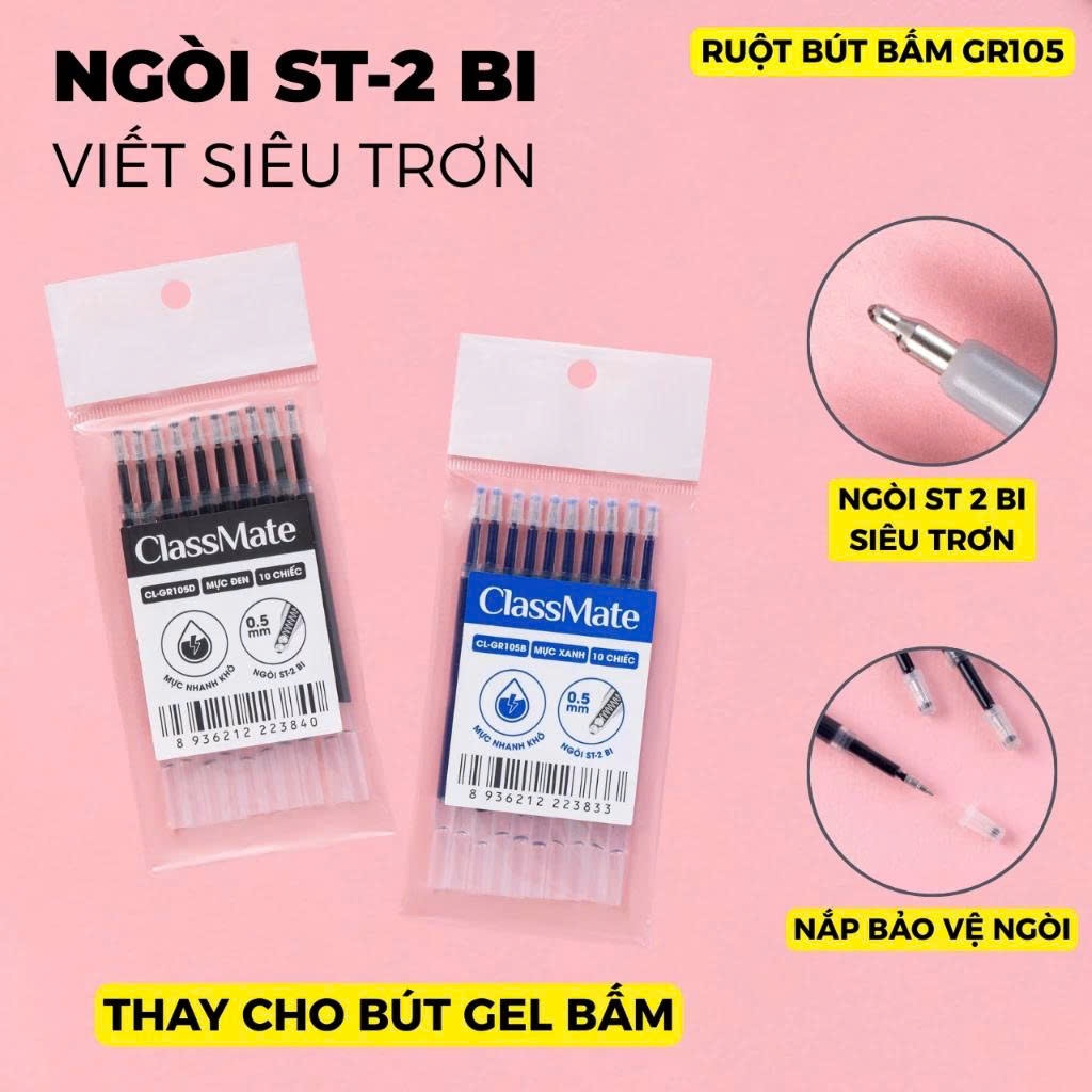 Hộp 10 Bút Gel Classmate Bút Nước Bấm Ngòi ST 2 Bi 0.5mm Xanh Đen Nhanh Khô Bút Gel Press Đệm Tay Êm Ái Ghi Chép GP116