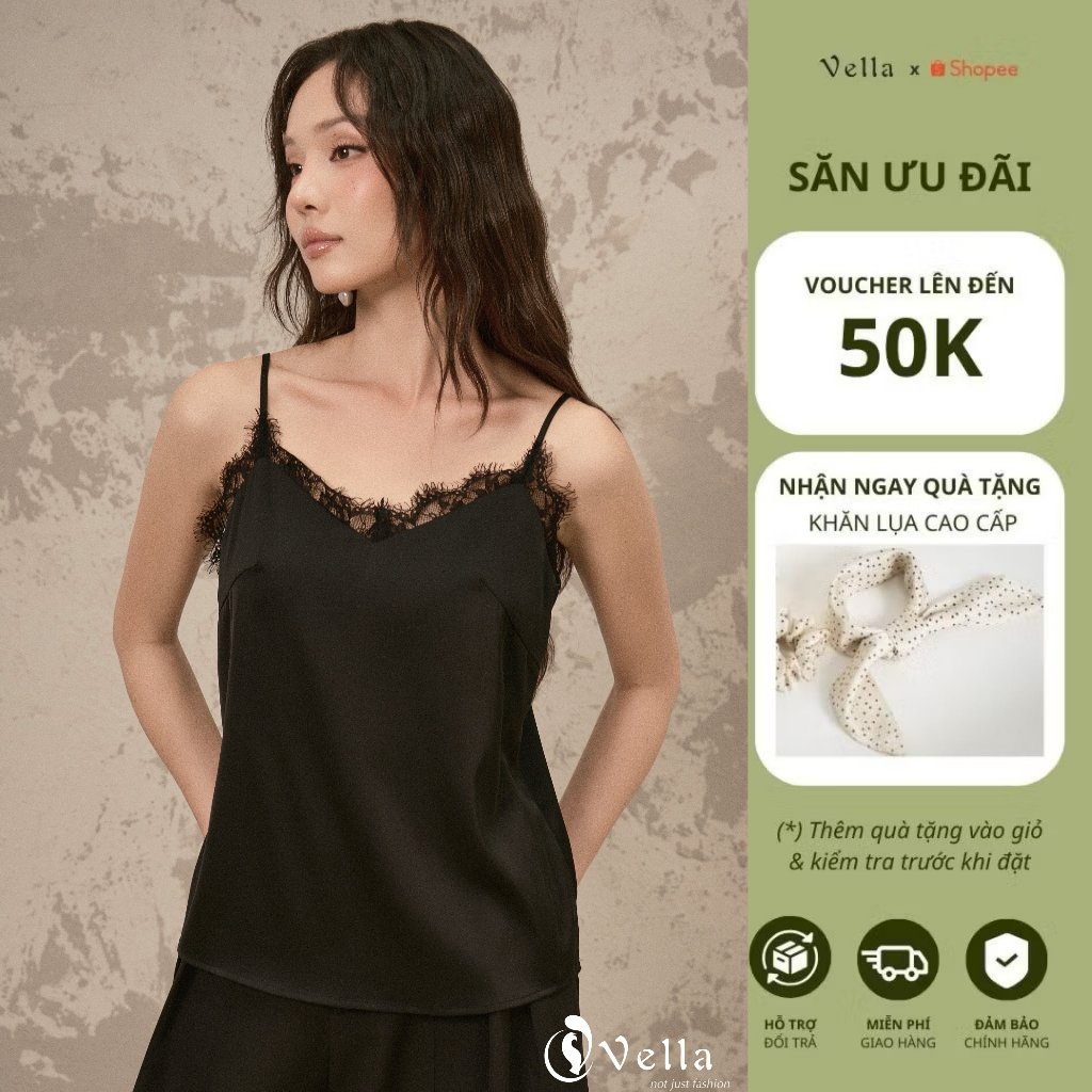 Áo tank top 2 dây viền ren cao cấp màu đen, trắng kem Vella Fashion VA26001