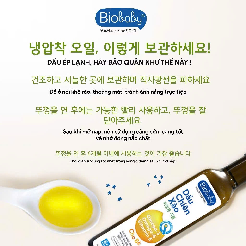 Dầu Chiên Xào Bio Baby 250ml Cho Bé Từ 6 Tháng. Chịu Nhiệt Đến 250 Độ