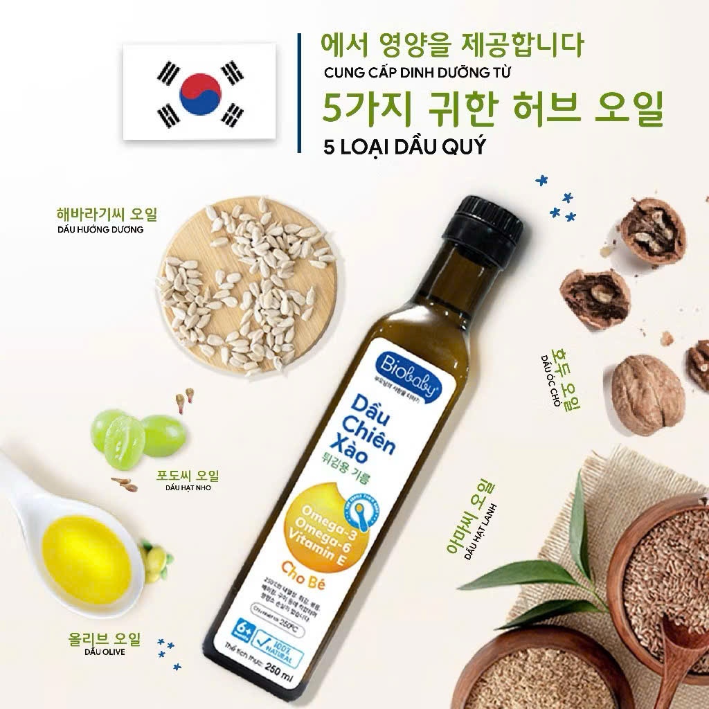 Dầu Chiên Xào Bio Baby 250ml Cho Bé Từ 6 Tháng. Chịu Nhiệt Đến 250 Độ